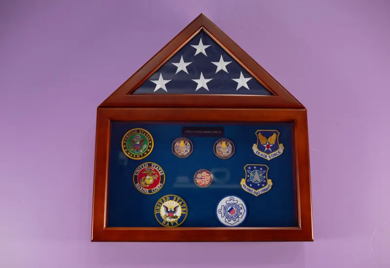 Framed display case holding a folded United States flag and emblems of all branches of the armed forces