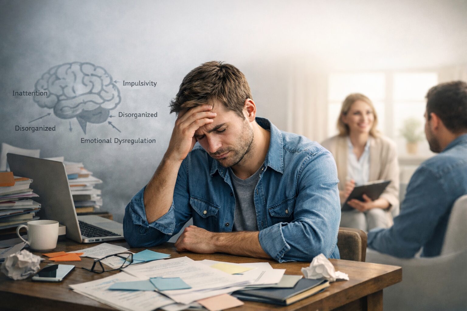 Does ADHD get worse without treatment showing an overwhelmed adult struggling with focus and stress